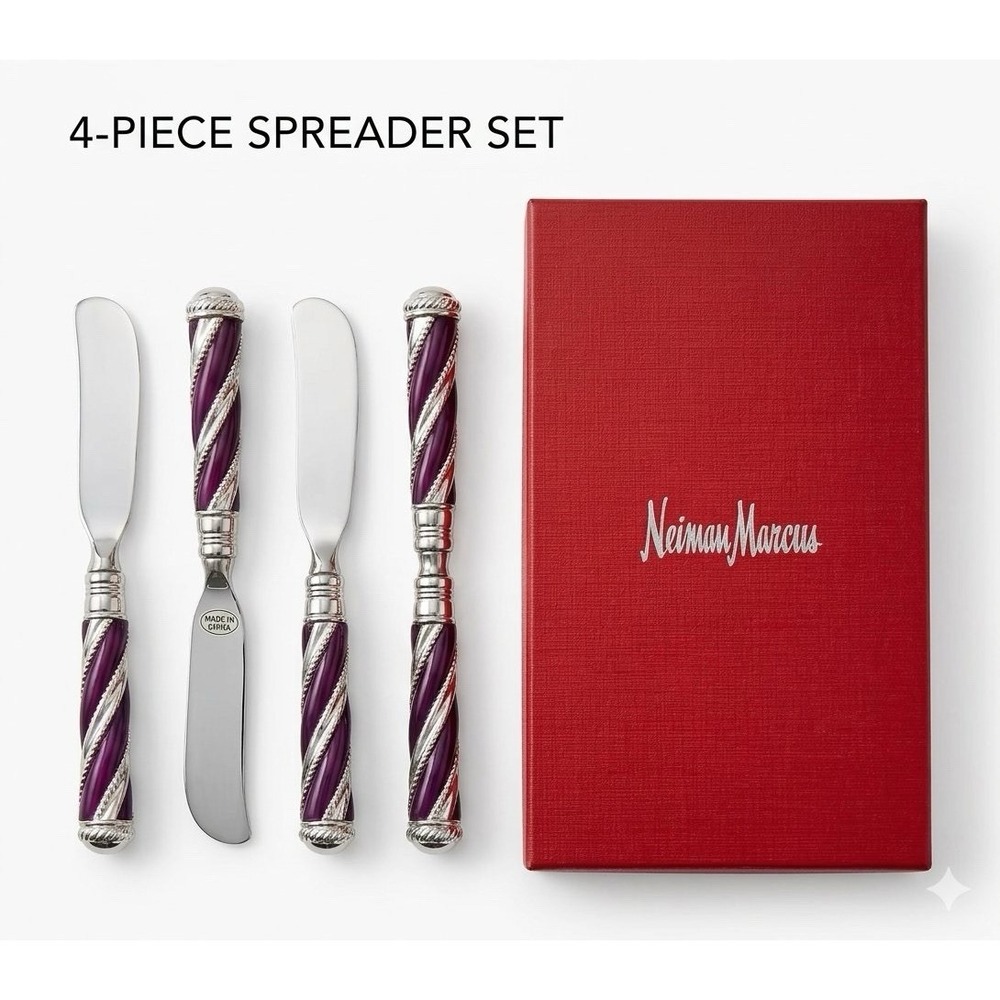 Neiman Marcus Cheese Spreader Set of 4 Red Acrylic Silver Twist Butter Knives
